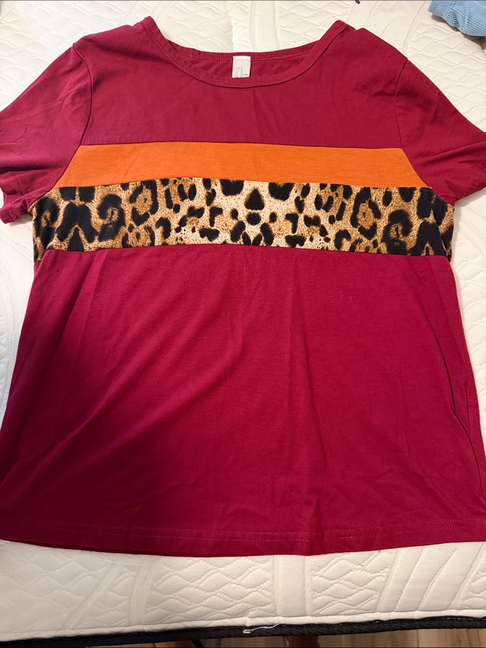 Burgundy Tee with Orange and Leopard Stripe